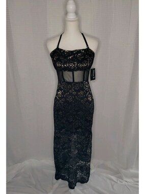 Alexa B Nites Dress NWT Sz 8 Black Gold Lace Maxi Evening Dress Mesh Corset Top